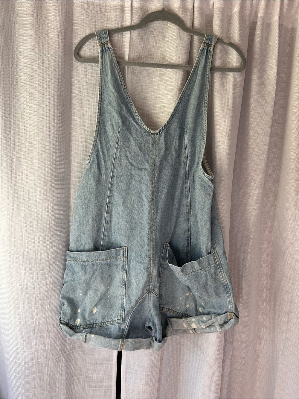 Free People Light Blue Denim Short Overalls with Front Pockets